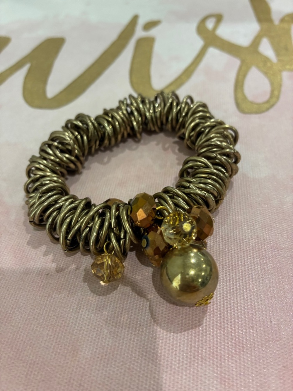Gold-Tone Coil Stretch Bracelet with AB Beveled Amber Glass Beads
